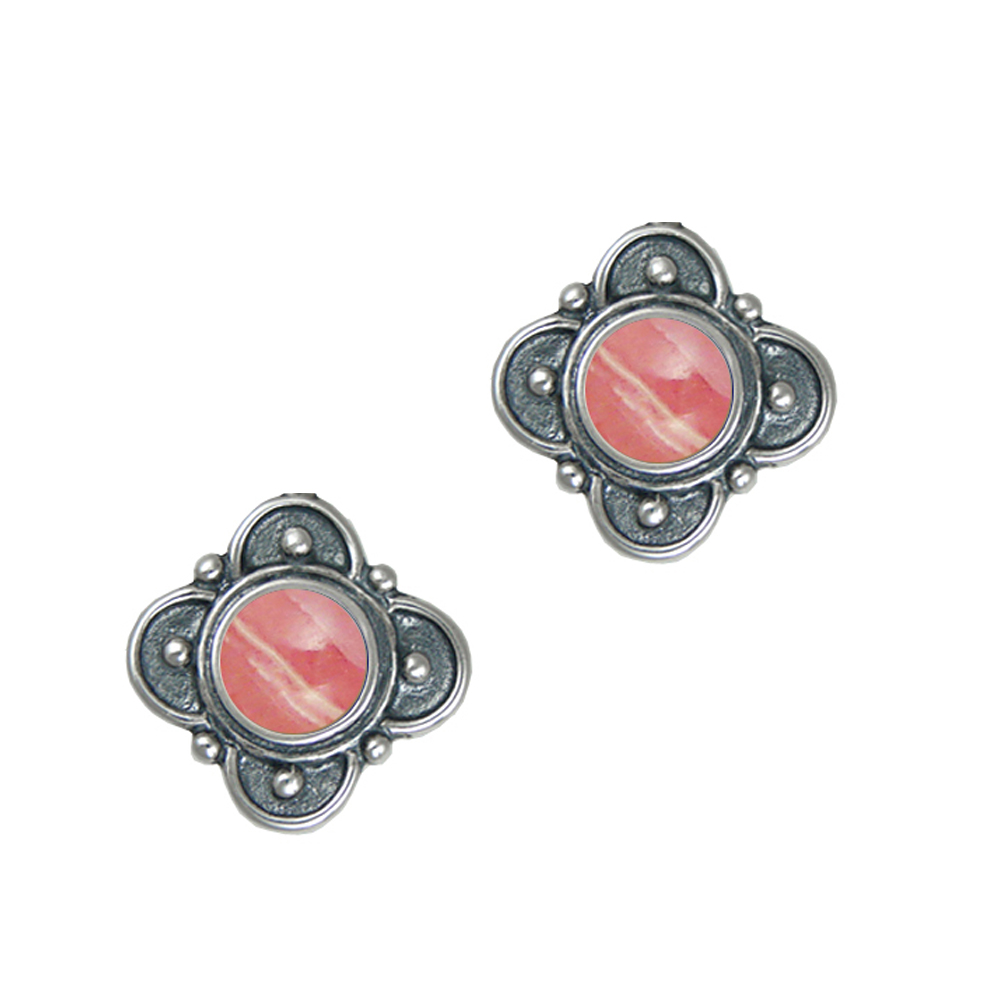 Sterling Silver Designer Post Stud Earrings With Rhodocrosite